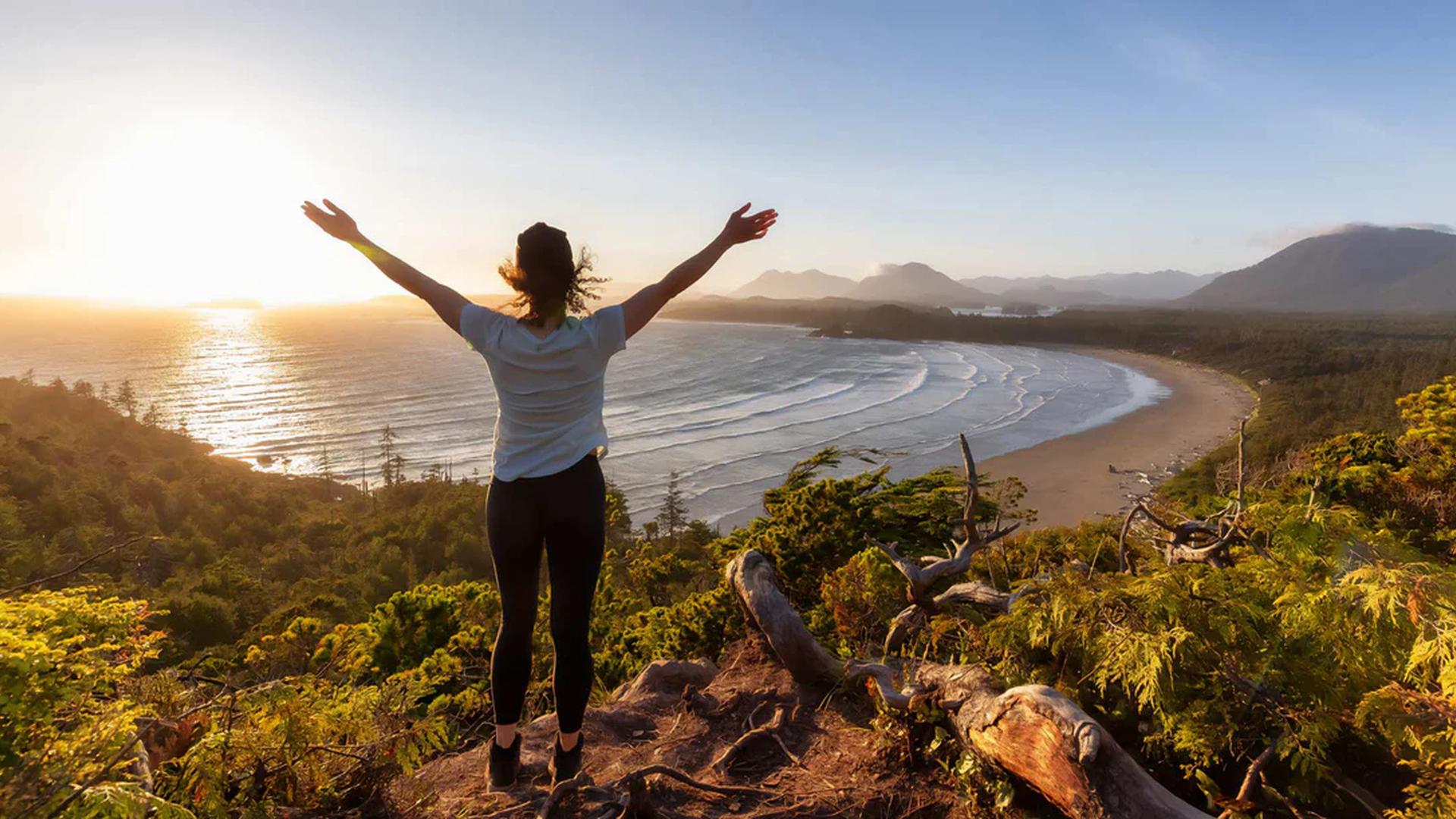 mountain trail hiker sunrise forest calm beach s