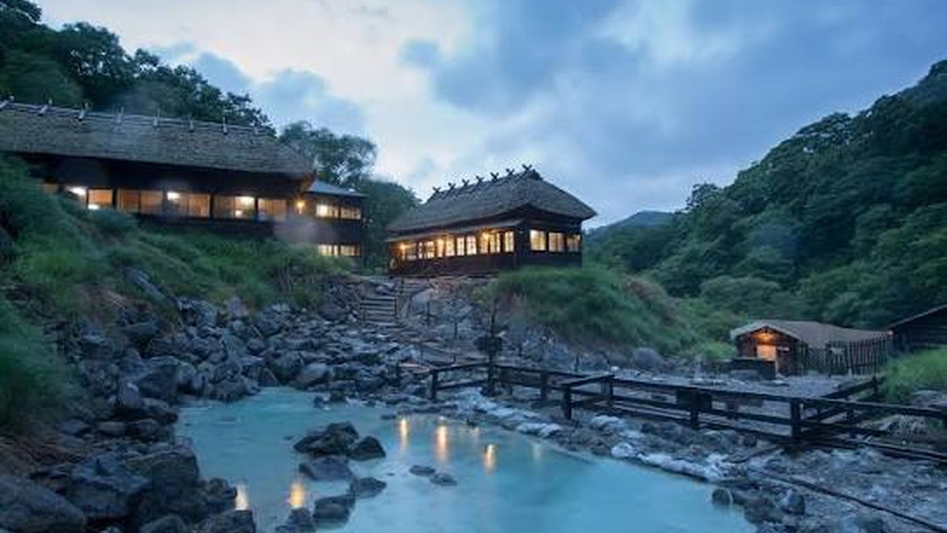 mountain onsen resort natural stream wooden ryokan