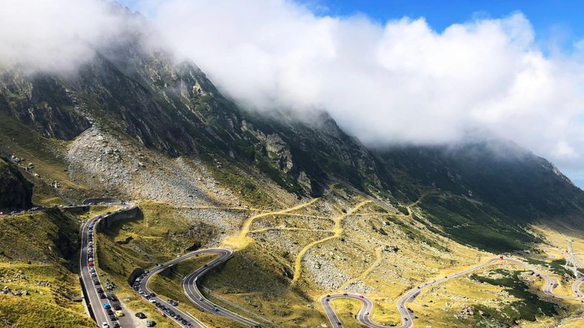 car driving mountain road alpine landscape goat he